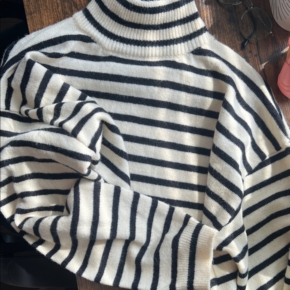 Cider Black and White Striped Turtleneck Cropped Sweater - Picture 1 of 9